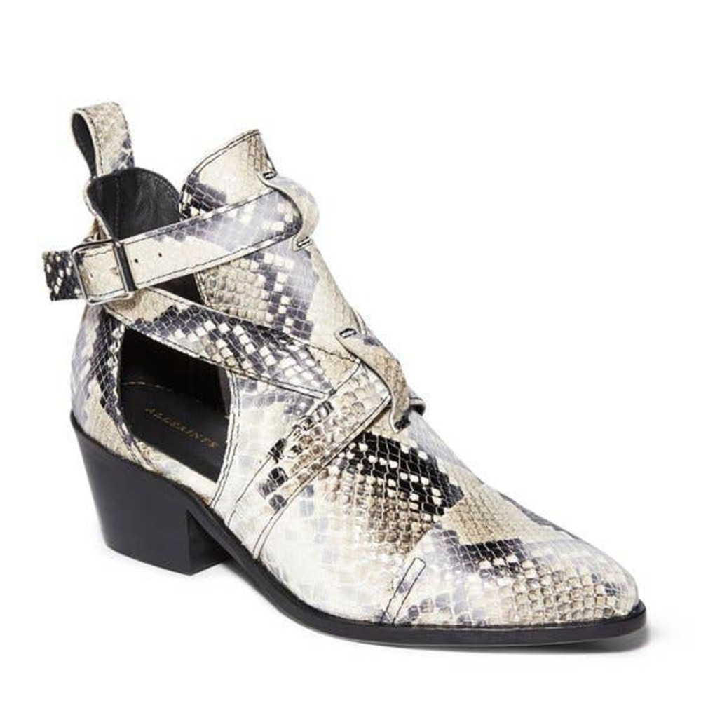 Allsaints Darcy Pointed Toe Ivory Python Snake-Print Leather Cutout Ankle Boots